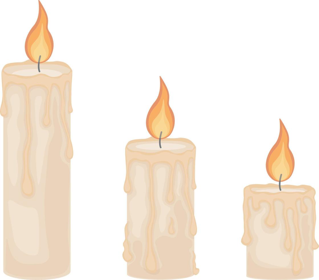 An illustration depicting three romantic burning candles. Wax candles of different sizes. Three candle flames, vector illustration isolated on a white background