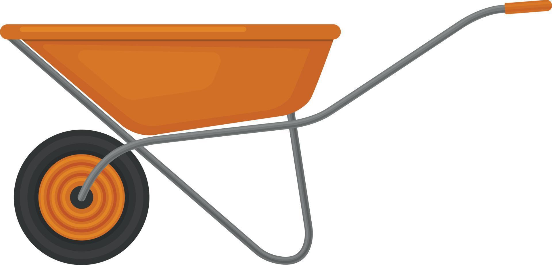 An image of an orange garden wheelbarrow, for working in the garden. Construction wheelbarrow for cargo transportation. Vector illustration isolated on a white background