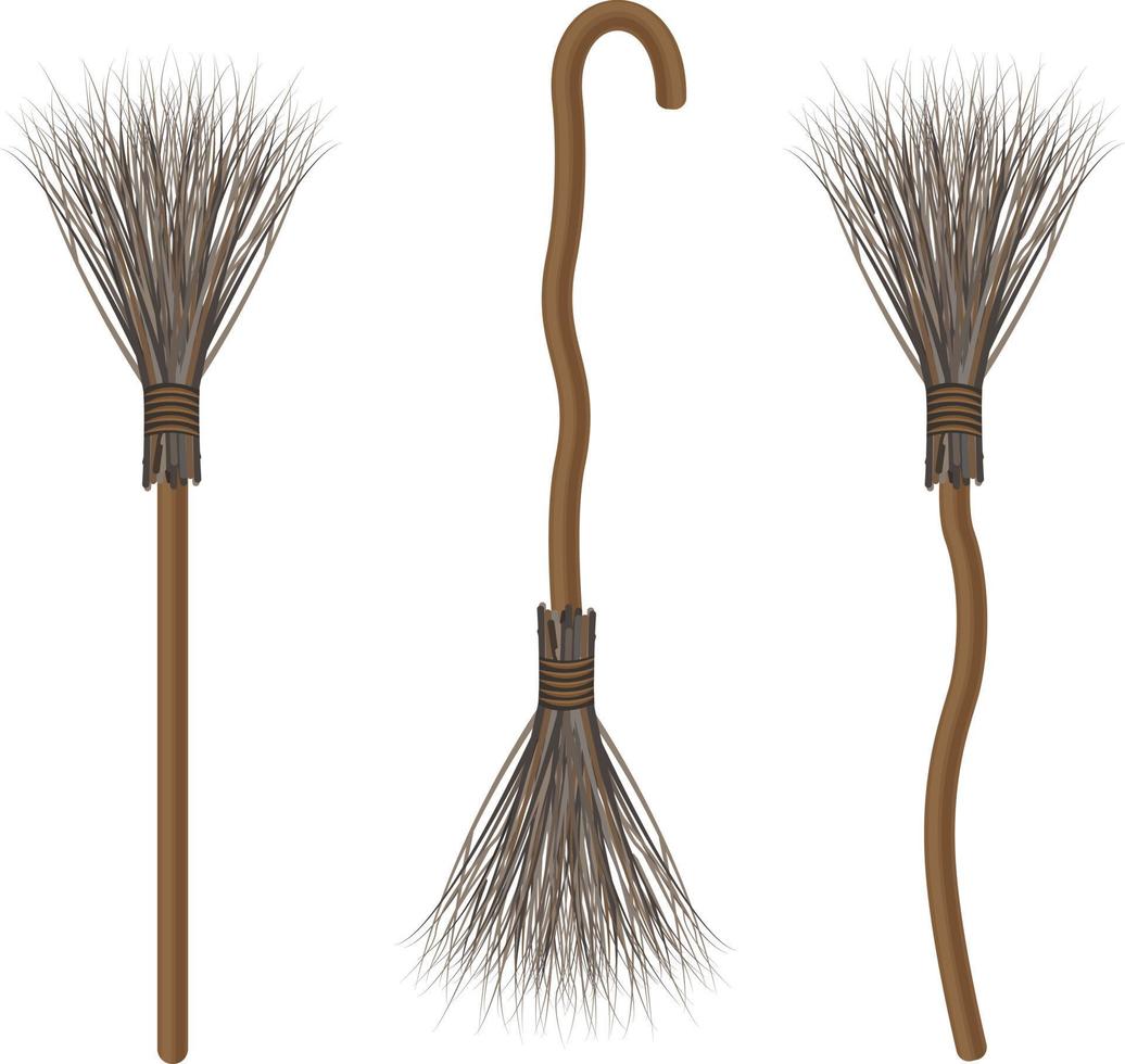 A set consisting of witch brooms of various shapes. A vehicle of evil spirits. The witch s broom is a Halloween symbol, a vector illustration isolated on a white background