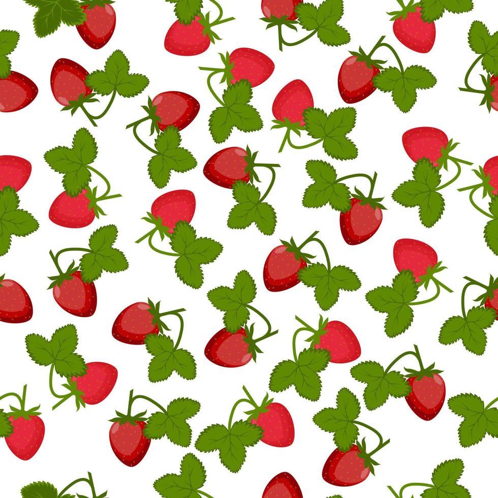Strawberry juicy summer seamless pattern with a picture of a ripe red strawberry with green leaves. Summer print. Vector illustration on white background.