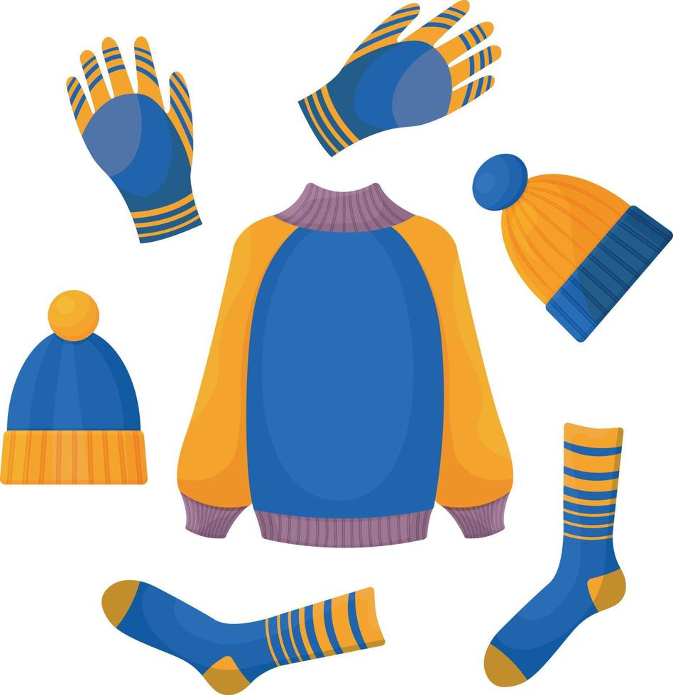 A set consisting of warm autumn clothing, such as a sweater,gloves, warm socks and blue-yellow hats. Autumn set of clothes for walking in cold weather. Vector illustration on a white background