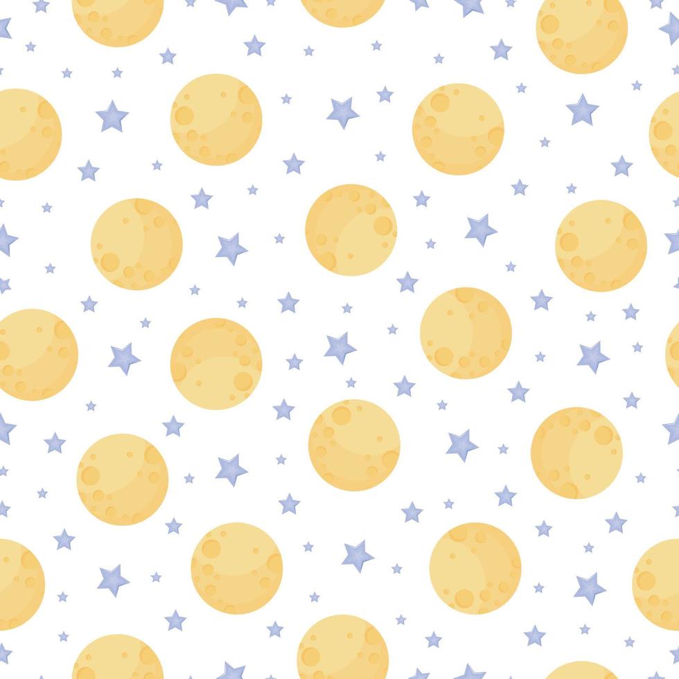 A bright cosmic seamless baby pattern consisting of a yellow moon and blue stars. Lunar pattern with stars. Full moon in the sky .Vector illustration on white background. vector