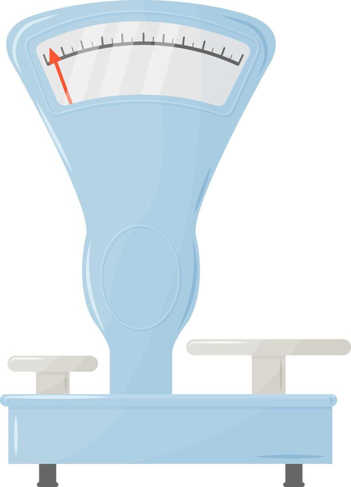 Large mechanical store food scales are most often used for weighing food, cereals and other various goods. blue and gray colors. Vector illustration isolated on a white background