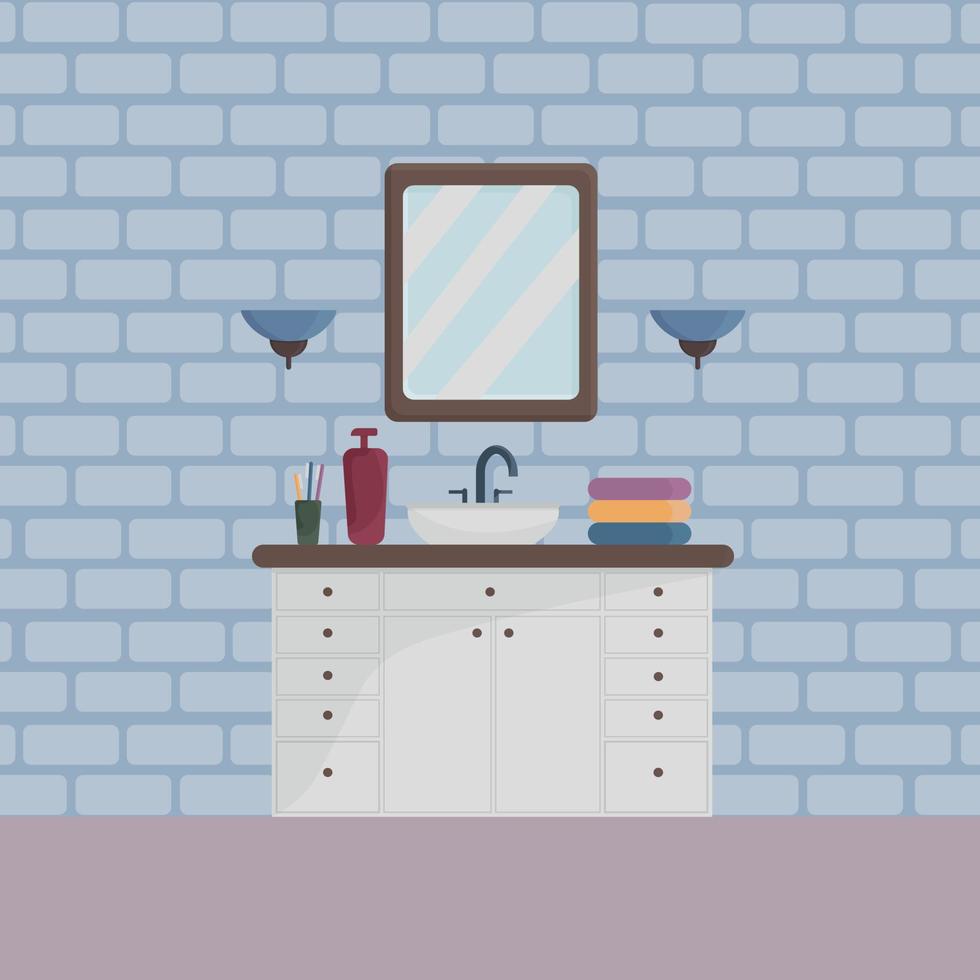 An illustration of the bathroom interior with an image of a chest of drawers with a sink and a mirror, as well as towels, shampoo and lamps hanging on a brick wall. Vector illustration