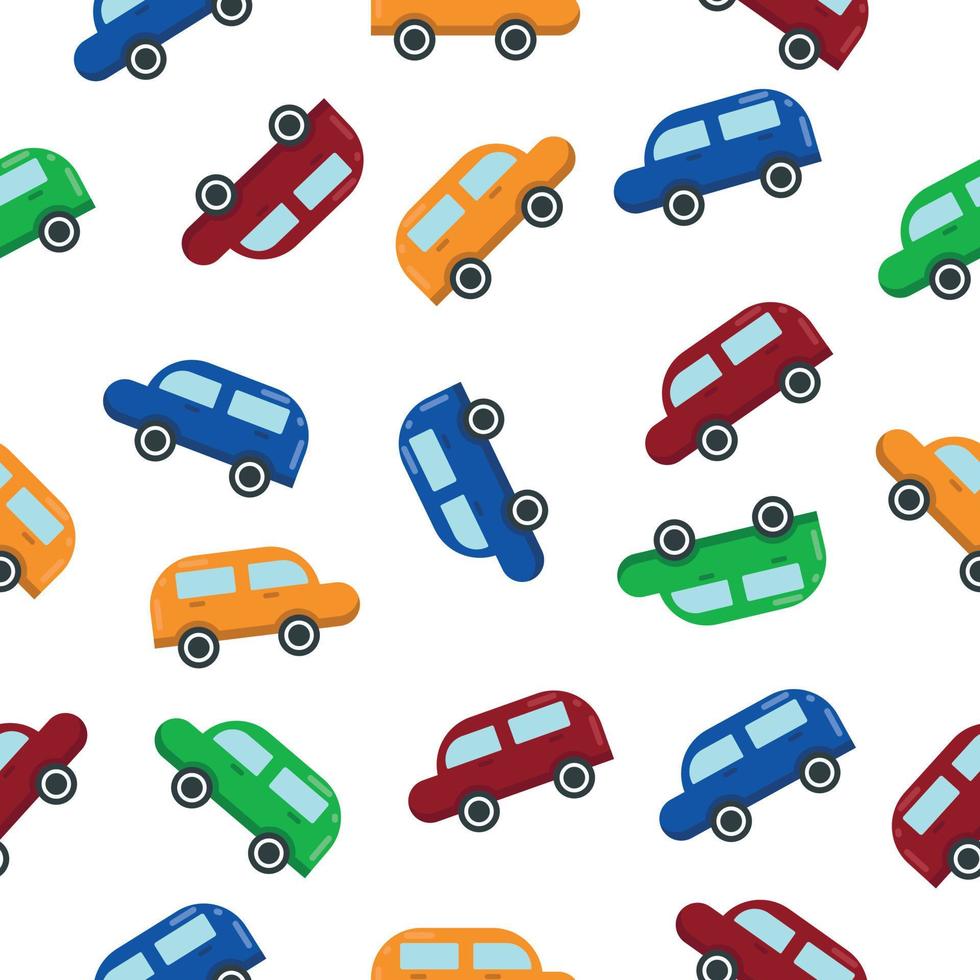 Bright color children s seamless pattern consisting of images of toy cars in blue,green, red and orange colors. Car pattern for the print. Vector illustration on white background