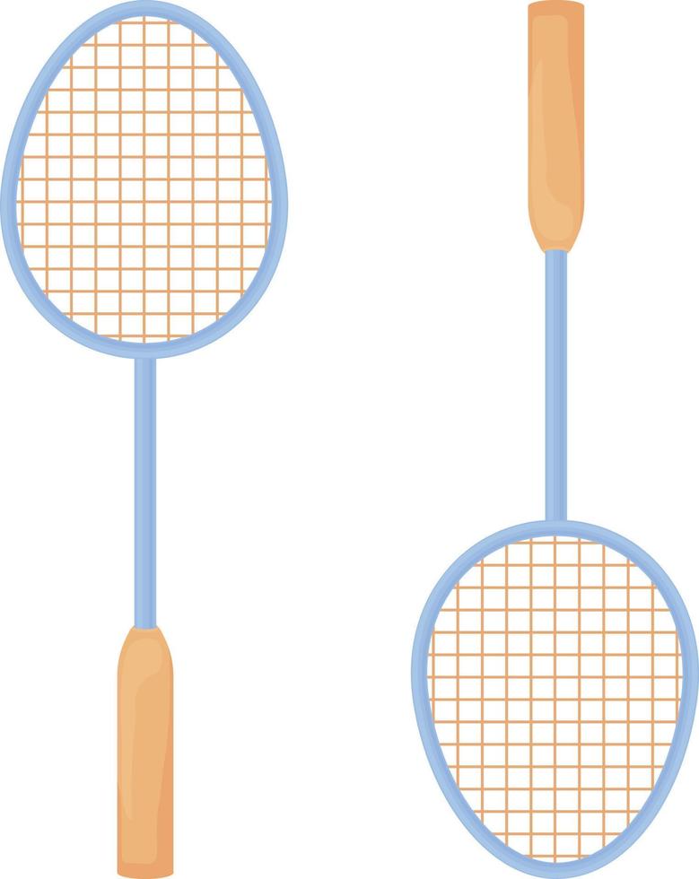 Badminton rackets. Two badminton rackets located in different directions. Sports accessories for game sports, outdoor activities and training. Vector illustration isolated on a white background.