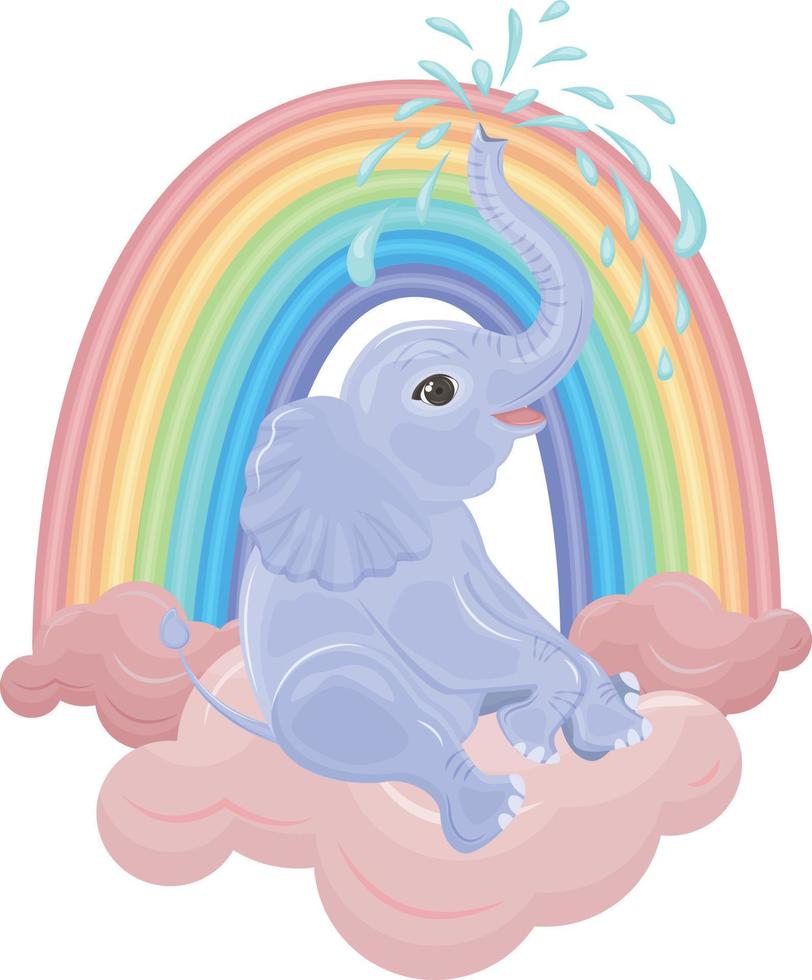 Cute bright children s illustration. A cute blue baby elephant sits on a pink cloud near a rainbow and lets out a fountain of water from its trunk. Color children s print illustration. Vector on white