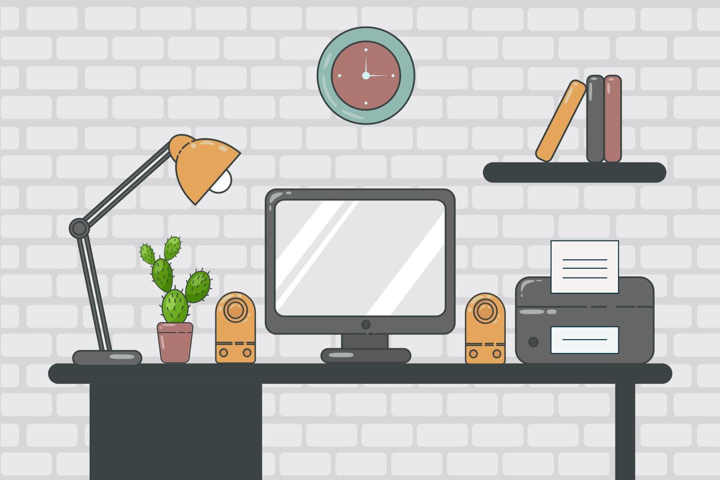 A comfortable modern technological freelancer s workplace in a flat style consisting of a printer monitor speakers desk lamp clock and shelf with books vector illustration.