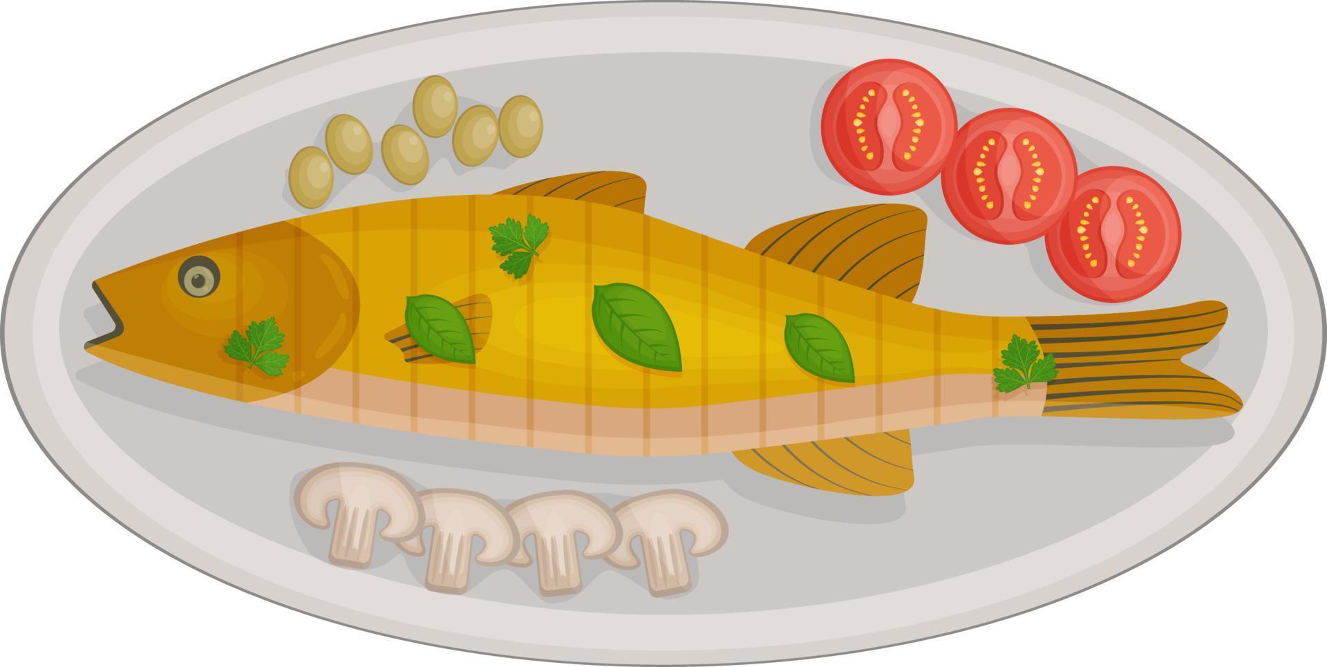 Delicious baked sea bass served on an oval plate with cherry tomatoes, olives and mushrooms and basil leaves. A traditional dish of Mediterranean cuisine. Vector illustration.