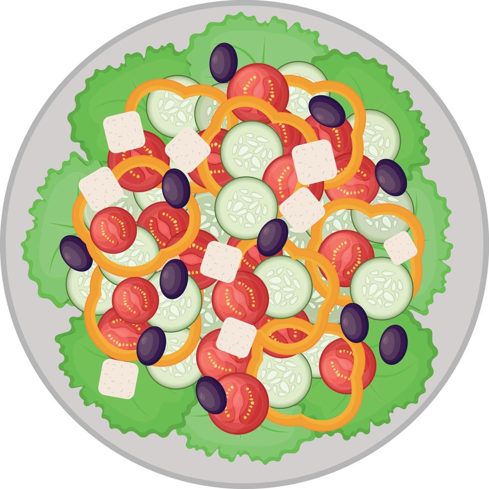 Greek salad on a large round plate. Salad of tomatoes, cucumbers, bell peppers, olives, cheese and green lettuce leaves. Mediterranean cuisine. Vector illustration isolated on a white background.