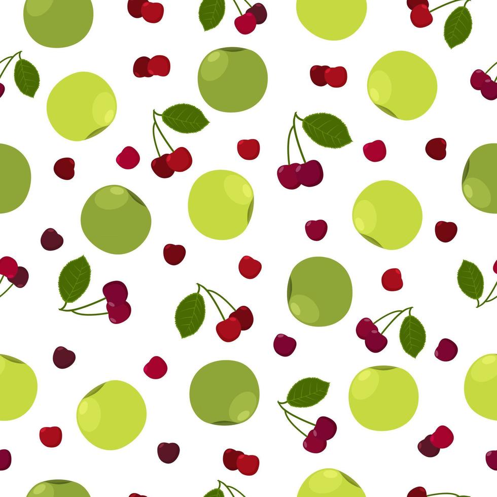 Apple cherry juicy summer seamless pattern with a picture of a ripe green apple and red cherry and green leaves. Summer print. Vector illustration on white background.