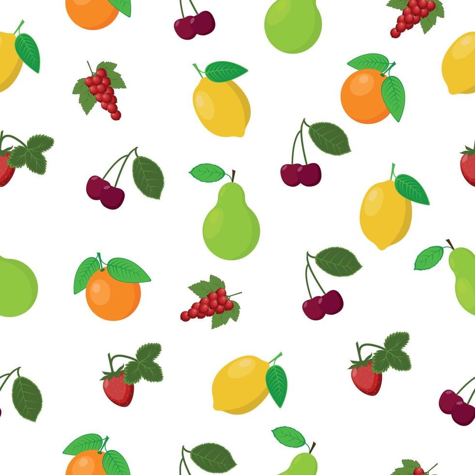 patrón sin costuras de frutas jugosas de verano brillante con peras, limón, naranja y cerezas, fresas y grosellas rojas representadas en él. Ilustración vectorial sobre fondo blanco. vector