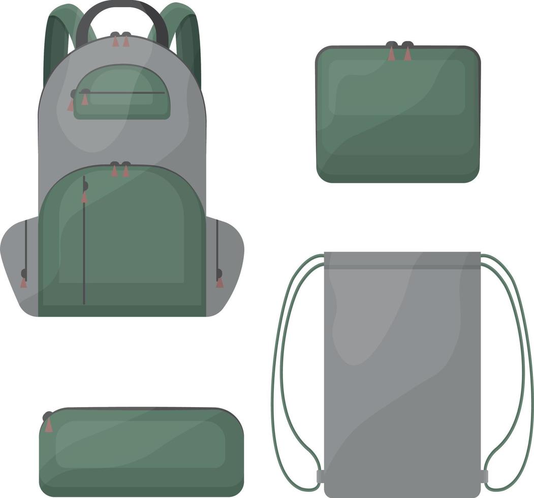 A school kit consisting of school bags in green and gray colors, such as a backpack, a rectangular pencil case for pens and pencils, a shoe bag and a briefcase. Vector illustration