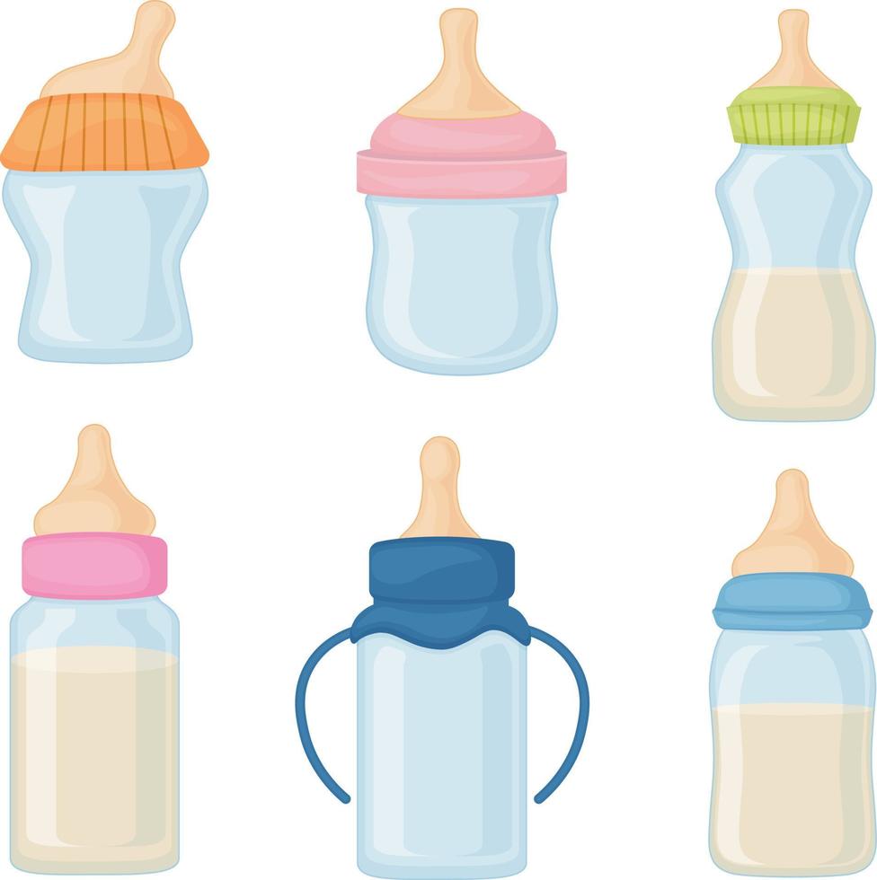 A set of bottles with a pacifier for babies. Baby feeding bottles filled with milk. Collection of baby milk bottles. Vector illustration isolated on a white background