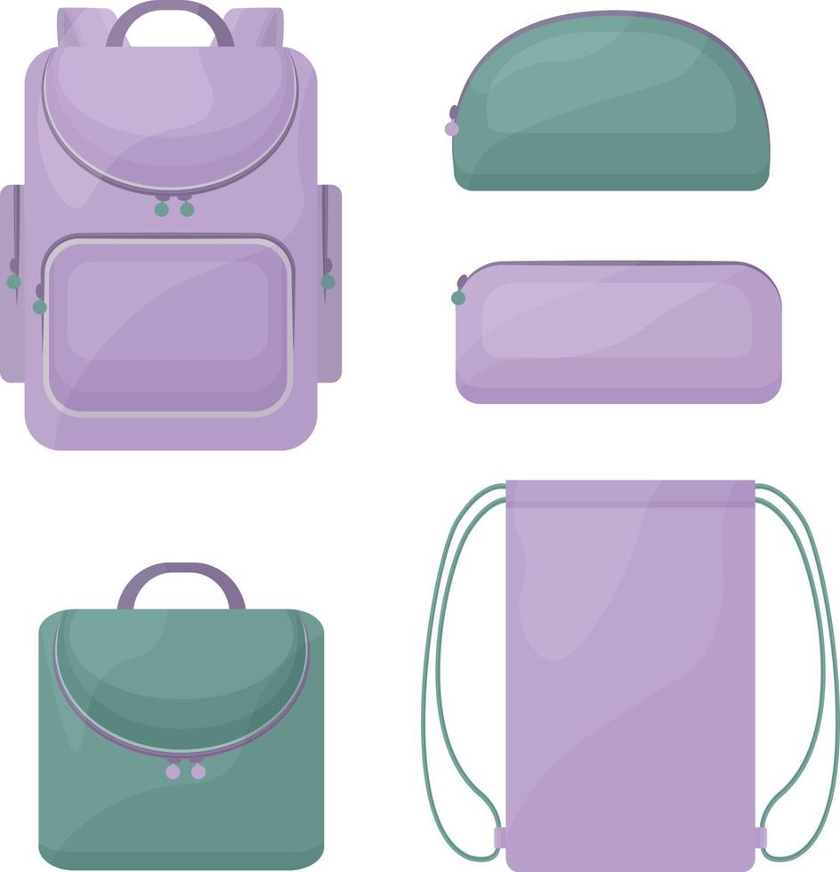 A school kit consisting of school bags, such as a backpack, a rectangular and round pencil case for pens and pencils, a shoe bag and a briefcase. Vector illustration isolated on a white background