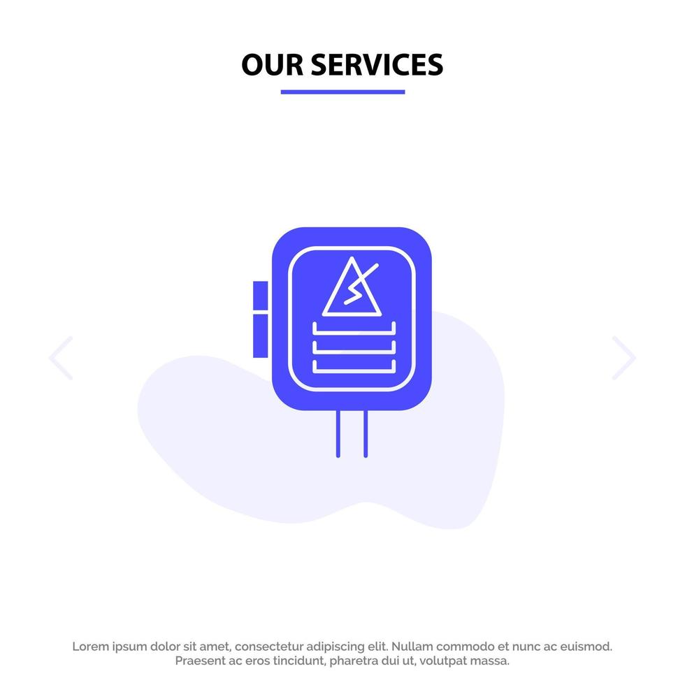 Our Services Voltage Energy Power Transformer Solid Glyph Icon Web card Template vector