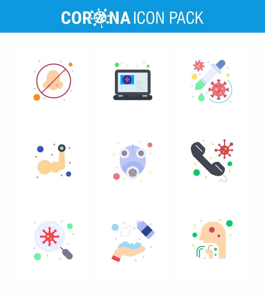 9 Flat Color coronavirus epidemic icon pack suck as body building hand drug arm virus viral coronavirus 2019nov disease Vector Design Elements