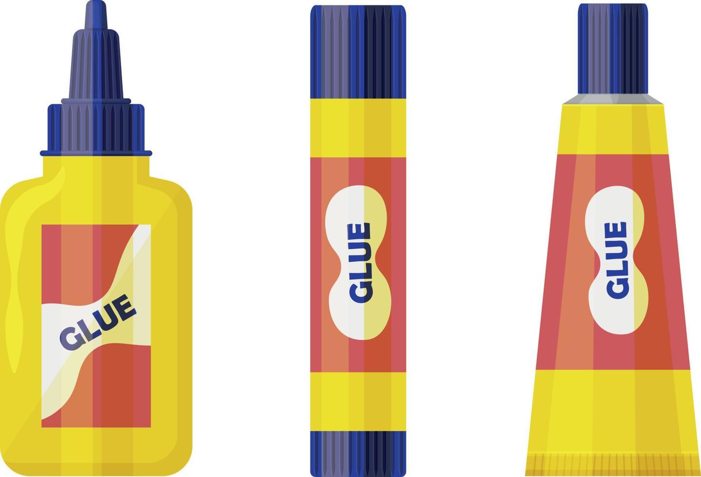 A school set consisting of various tubes of glue for gluing paper. School and office supplies. Stationery glue vector illustration isolated on a white background