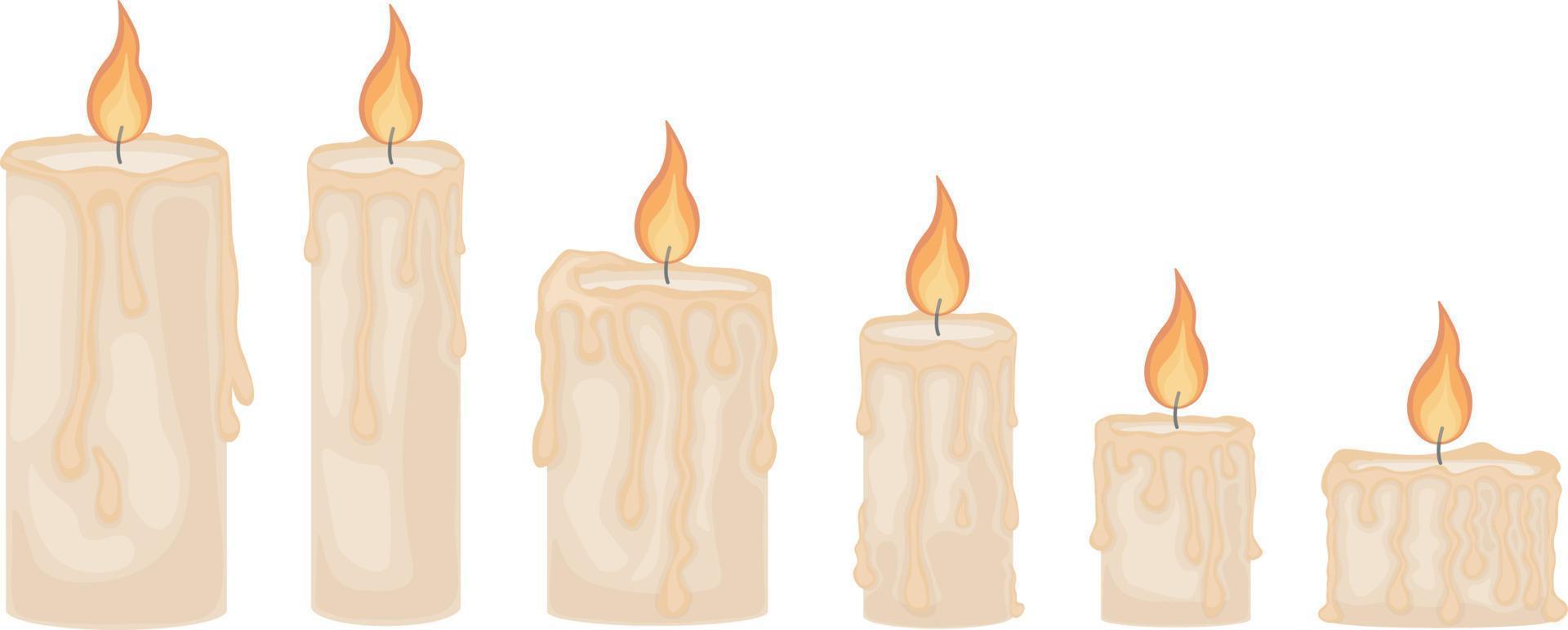 An illustration depicting six romantic burning candles. Wax candles of different sizes and shapes. Six candle flames, vector illustration isolated on white background