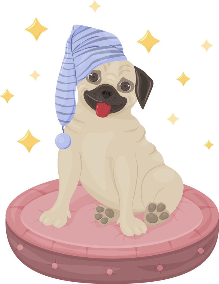 A cheerful pug sitting on a pink dog pillow in a nightcap. Cute children s illustration with a dog surrounded by stars. Picture print. Vector. vector