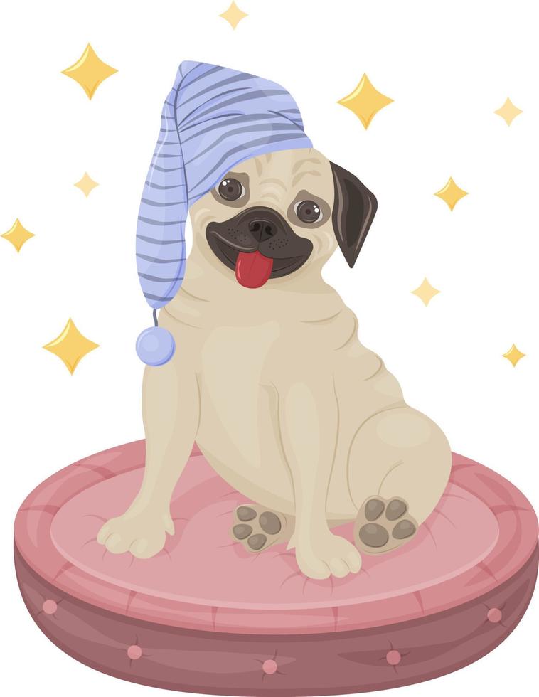 un pug alegre sentado en una almohada de perro rosa en un gorro de dormir. linda ilustración infantil con un perro rodeado de estrellas. impresión de imagen vector. vector