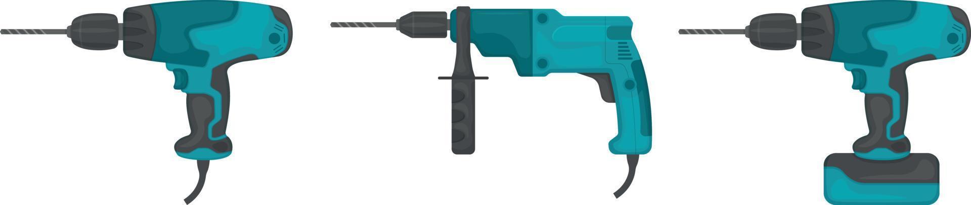 un juego de tres taladros manuales. herramientas eléctricas de perforación manual. Taladros atornilladores inalámbricos y de red. herramienta de construcción, ilustración vectorial aislada en un fondo blanco vector