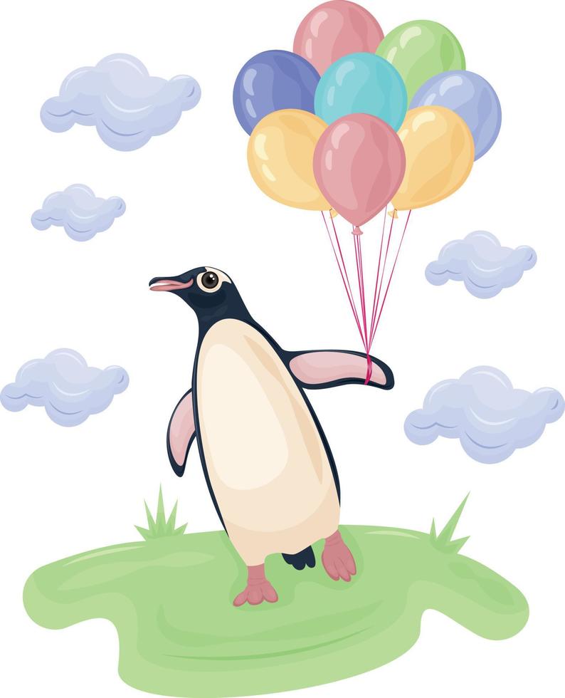 Cute children s illustration with the image of a cute penguin walking on green grass and holding colorful balloons, surrounded by blue clouds. Penguin children s printed illustration. Vector