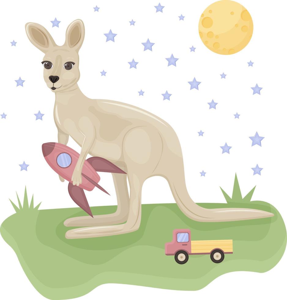 Cute children s illustration. A cheerful kangaroo sits on a green lawn with toys and a rocket in its paws, as well as with the moon and stars in the sky. Children s print illustration, vector. vector