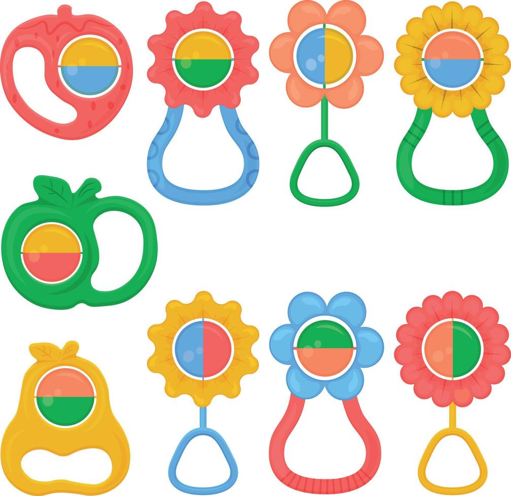 A set of colored baby rattles of various shapes. A large collection of teether rattles . Children s accessories vector illustration