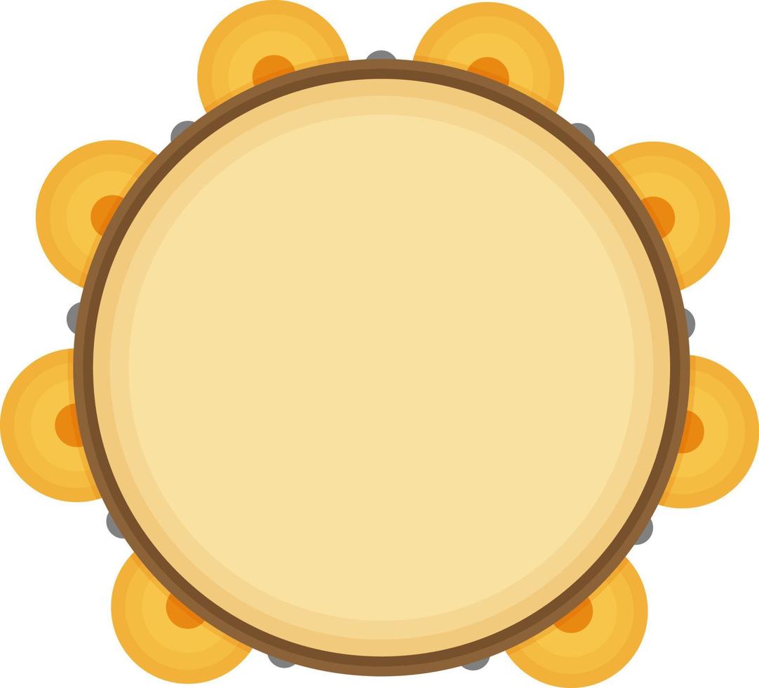 Orange round tambourine, a tool for extracting musical sounds. A musical instrument. Vector illustration isolated on a white background.