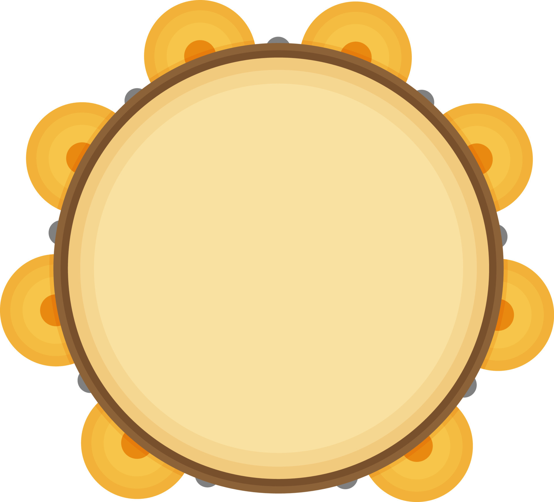 Orange round tambourine, a tool for extracting musical sounds. A