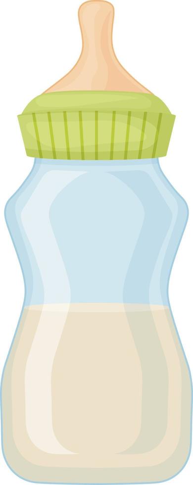 A bottle with a pacifier for babies. A bottle for feeding newborns filled with milk. Baby milk bottle. Vector illustration isolated on a white background