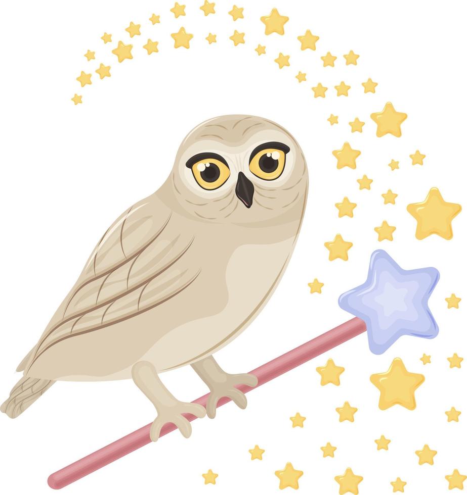 Cute children s vector illustration with the image of an owl with big eyes sitting on a magic wand surrounded by stars. Children s print with a cute bird. Vector illustration on white background.