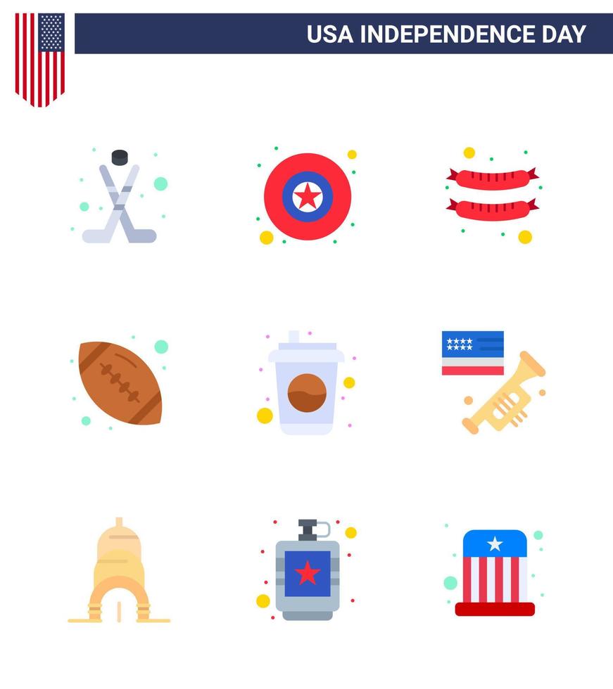 Big Pack of 9 USA Happy Independence Day USA Vector Flats and Editable Symbols of soda cola frankfurter bottle sports Editable USA Day Vector Design Elements