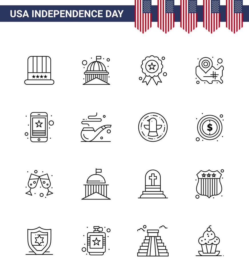 Happy Independence Day Pack of 16 Lines Signs and Symbols for location pin usa white states medal Editable USA Day Vector Design Elements