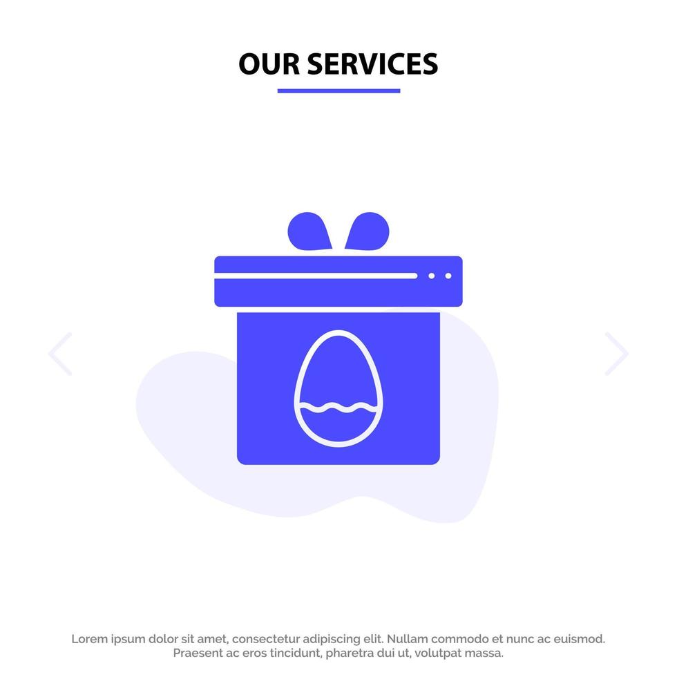 nuestros servicios caja de regalo huevo pascua icono de glifo sólido plantilla de tarjeta web vector