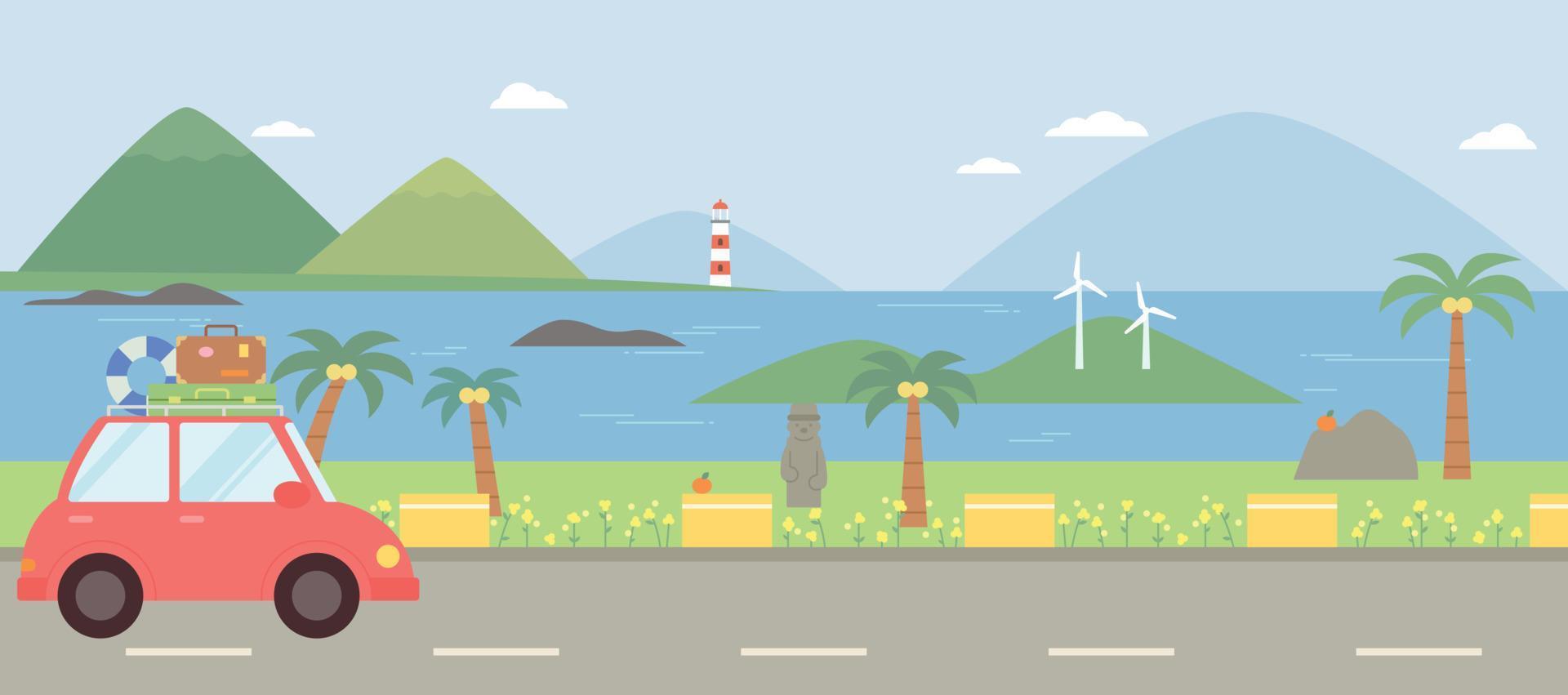 viaje por mar a la isla de jeju. los autos cargados con equipaje de viaje corren a lo largo de la carretera costera. vector