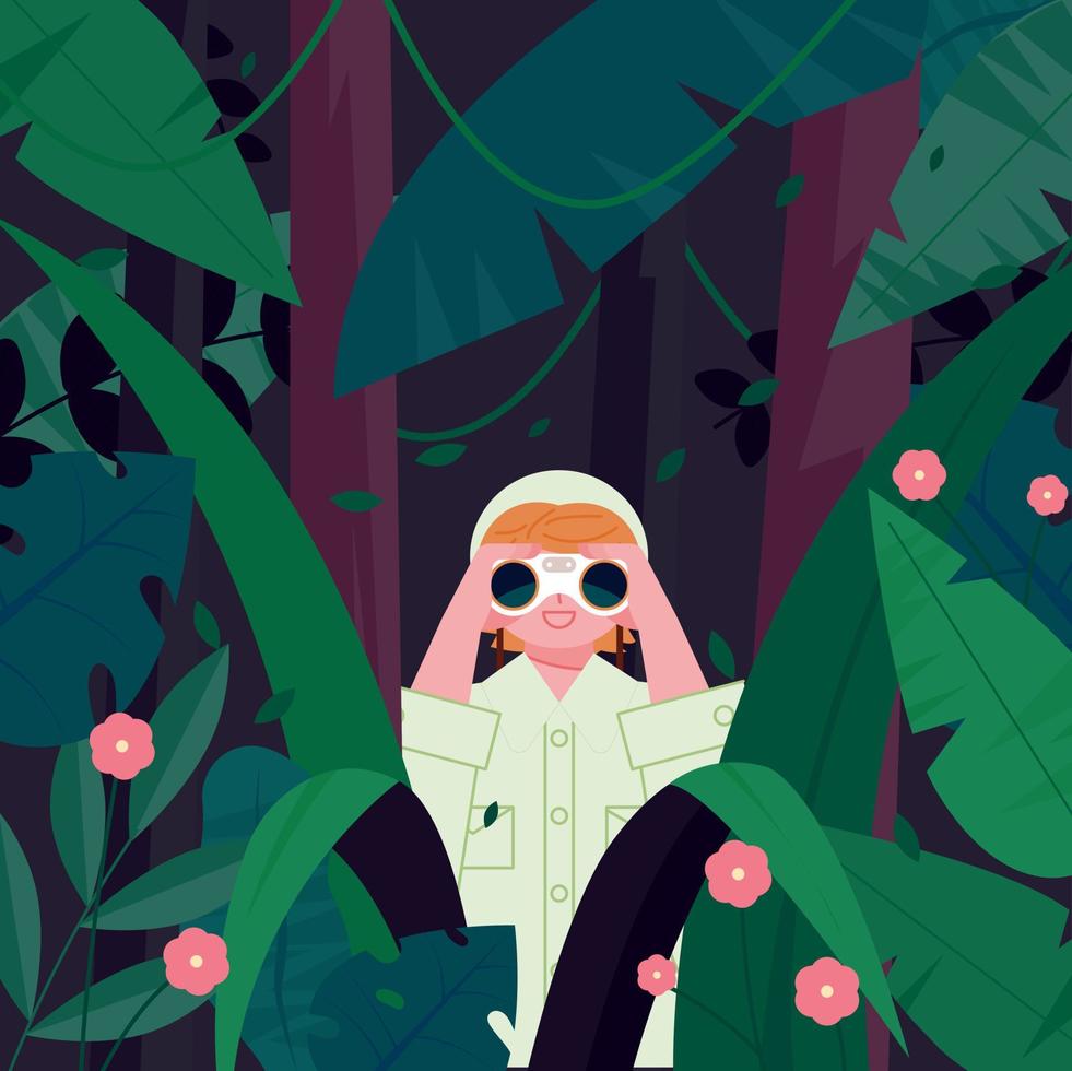 An explorer is observing through a telescope in a lush forest. vector