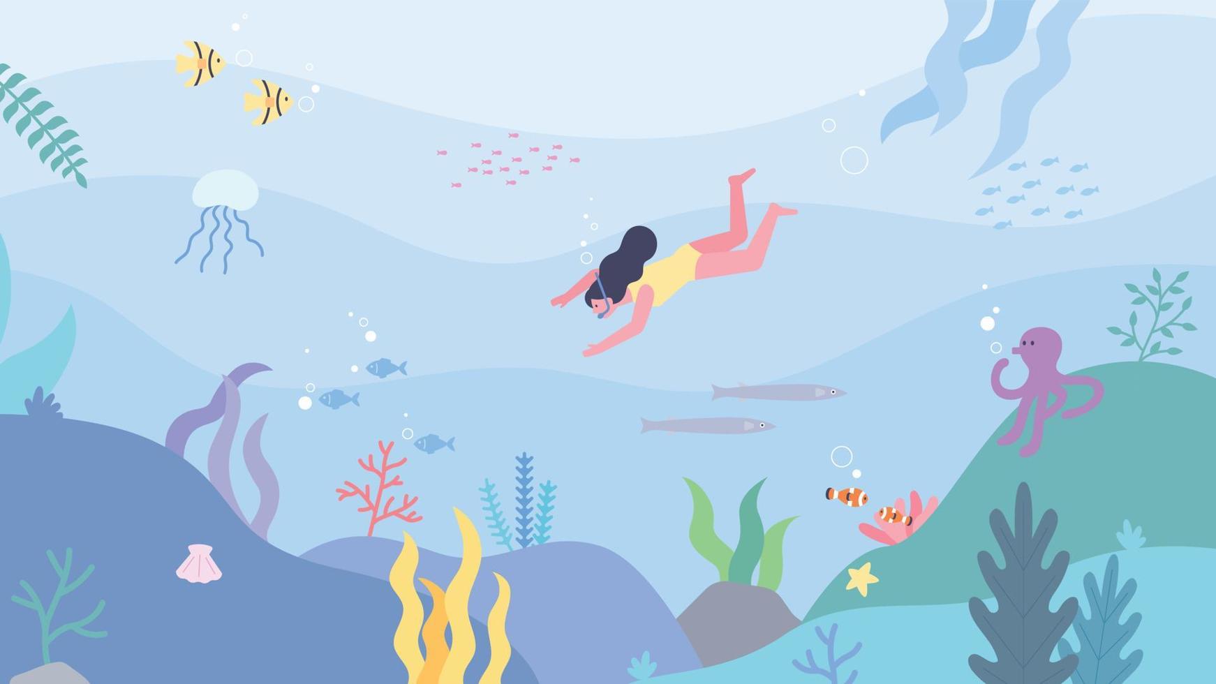 in the beautiful sea. A diver is traveling underwater. Various marine creatures in the sea. vector