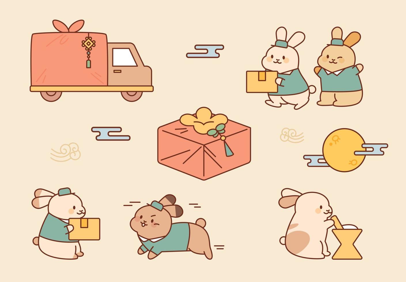 Cute rabbit deliveryman characters. They are delivering traditional Korean gift boxes. vector