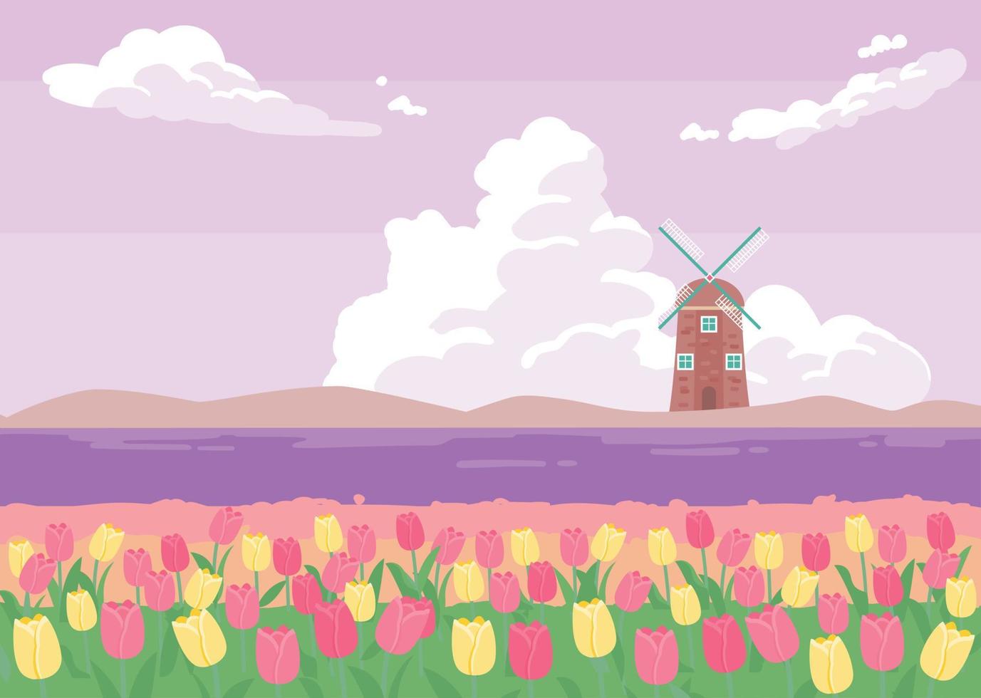 Romantic purple background. There is a windmill in the distance, and you can see the tulip flower field. vector