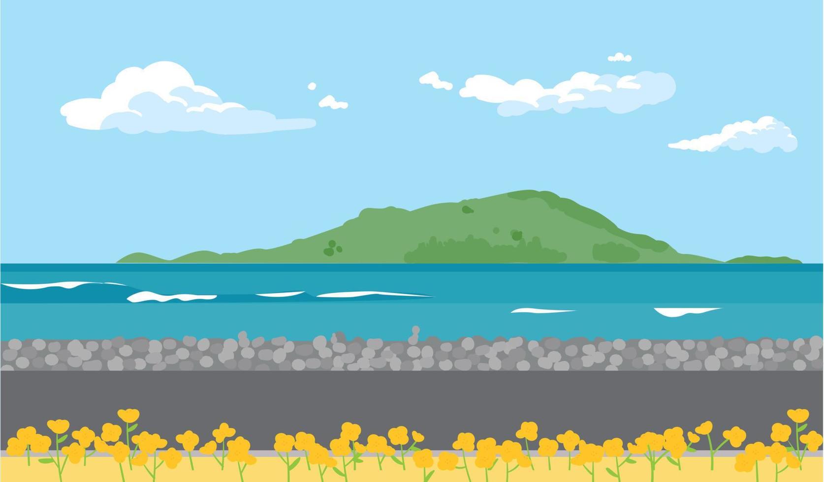 A quiet seaside road with canola flowers. An island can be seen in the distance. vector