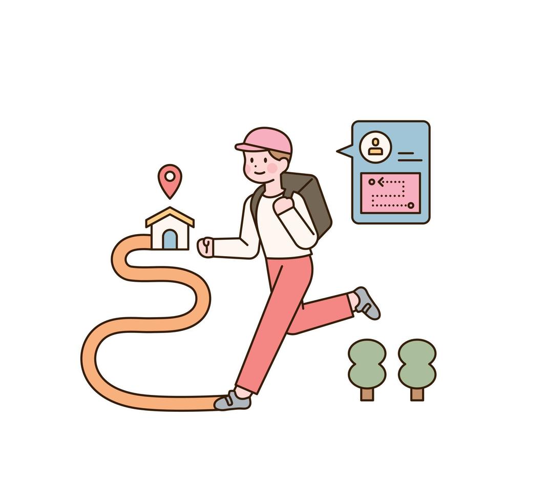 A deliveryman is carrying a delivery box and looking for a way. vector