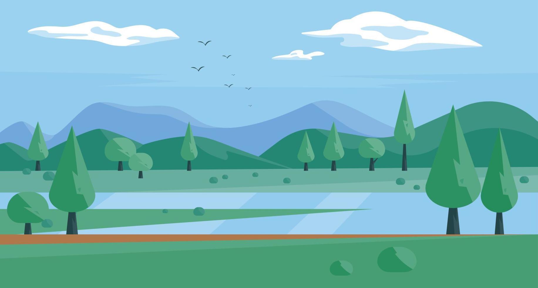 paisaje de naturaleza verde. una ilustración de fondo de un río que fluye tranquilamente. vector