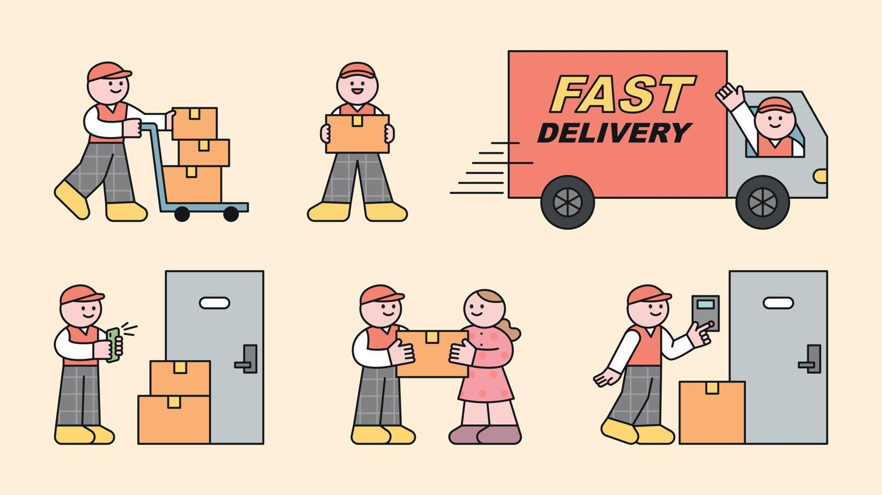 Cute deliveryman character. Boxes are moved, transported and delivered to customers. vector