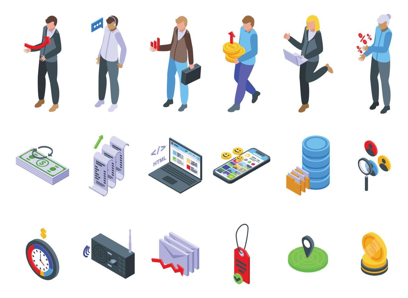 Sales performance icons set isometric vector. Service digital vector