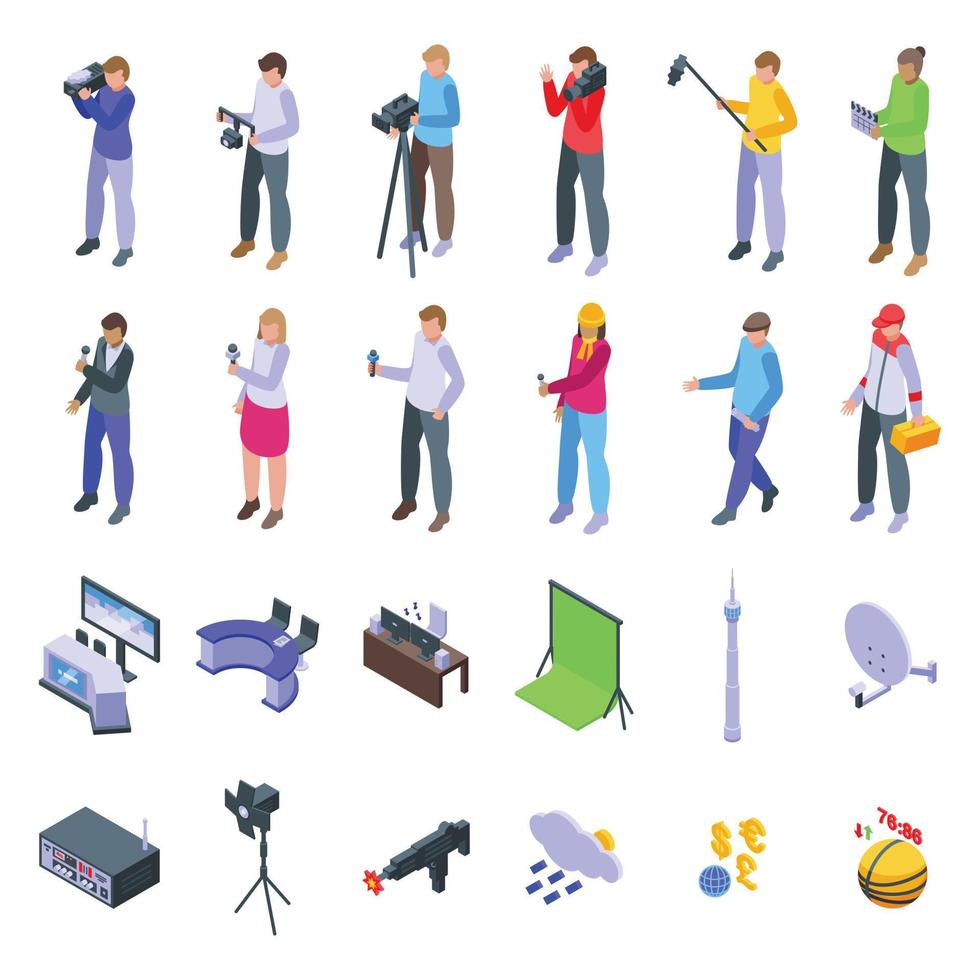 News production team icons set isometric vector. Studio tv vector
