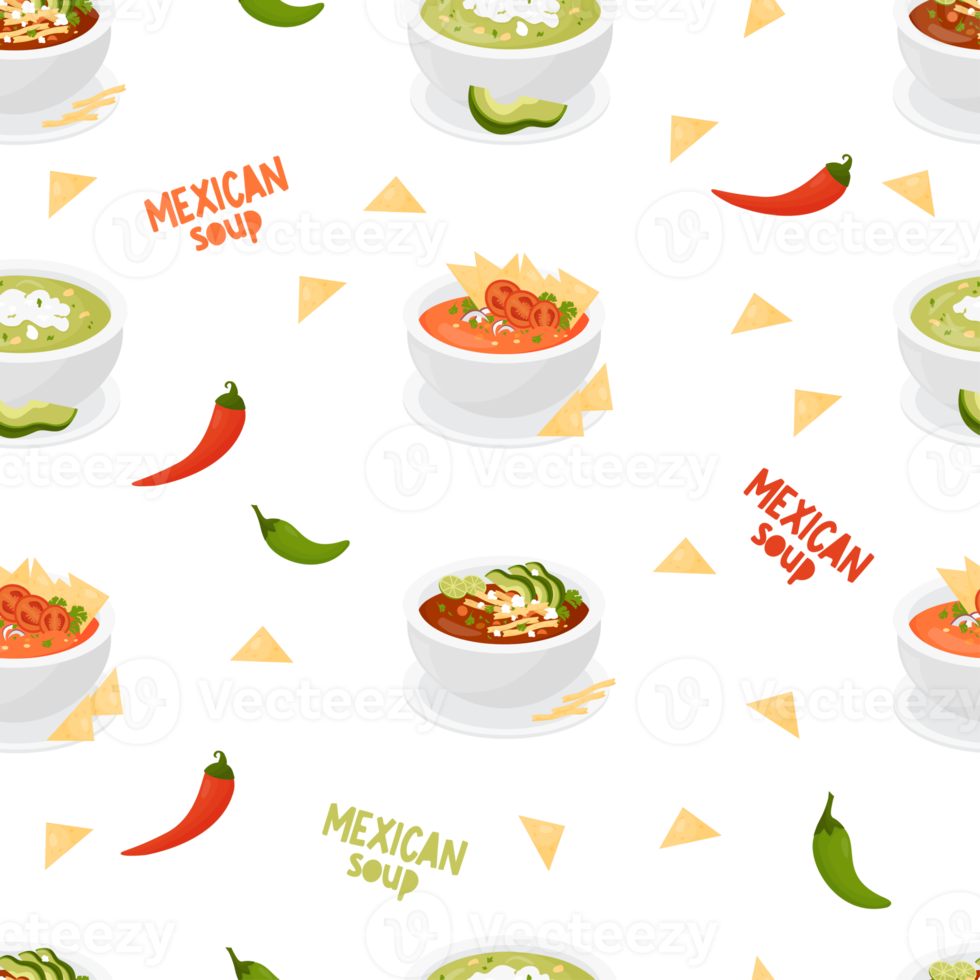 Mexican soups. Seamless pattern with traditional food png