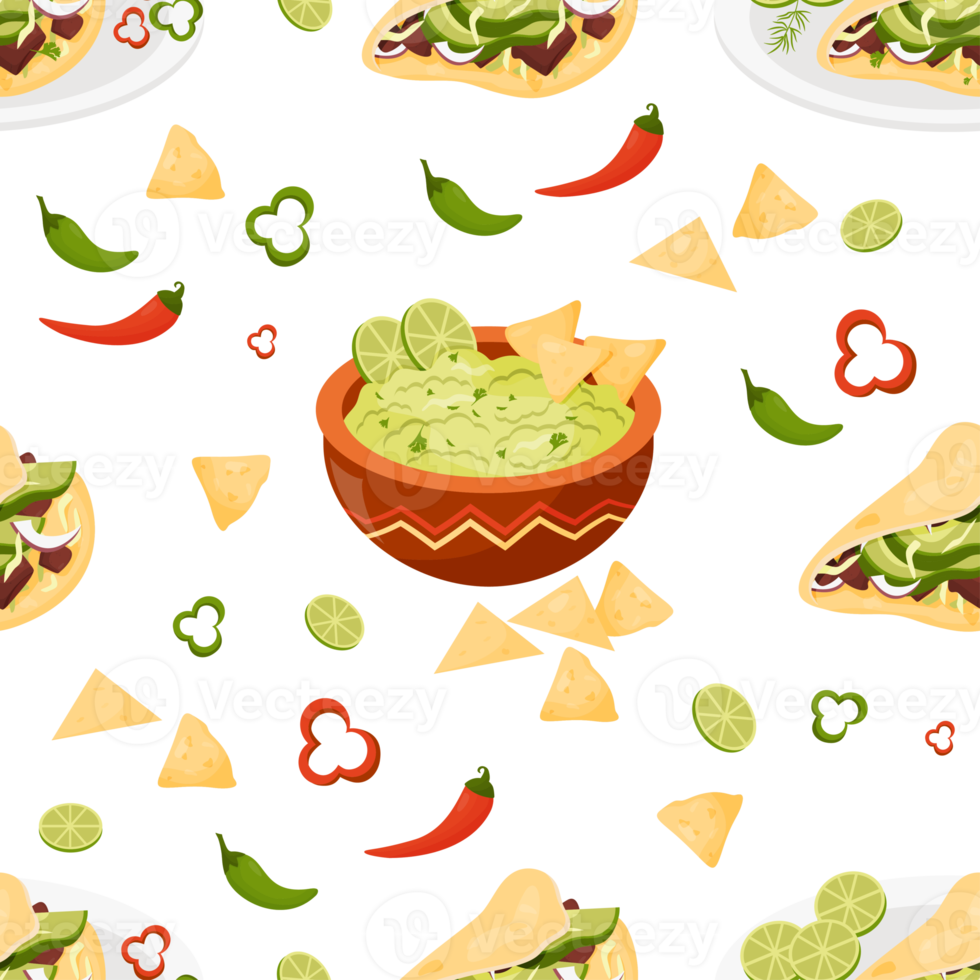 Seamless pattern with Mexican food. Guacamole sauce and Tacos png