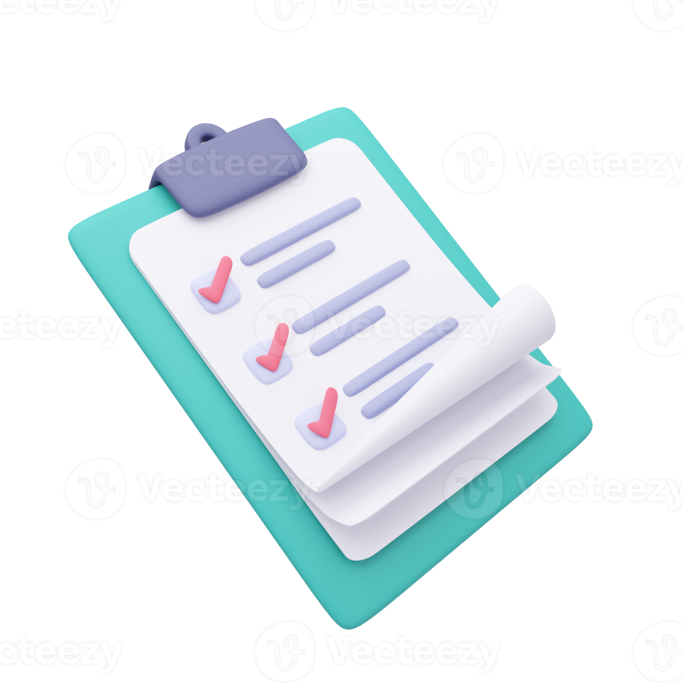 3D report paper clipboard. Note paper for checklist notes. 3D illustration. png